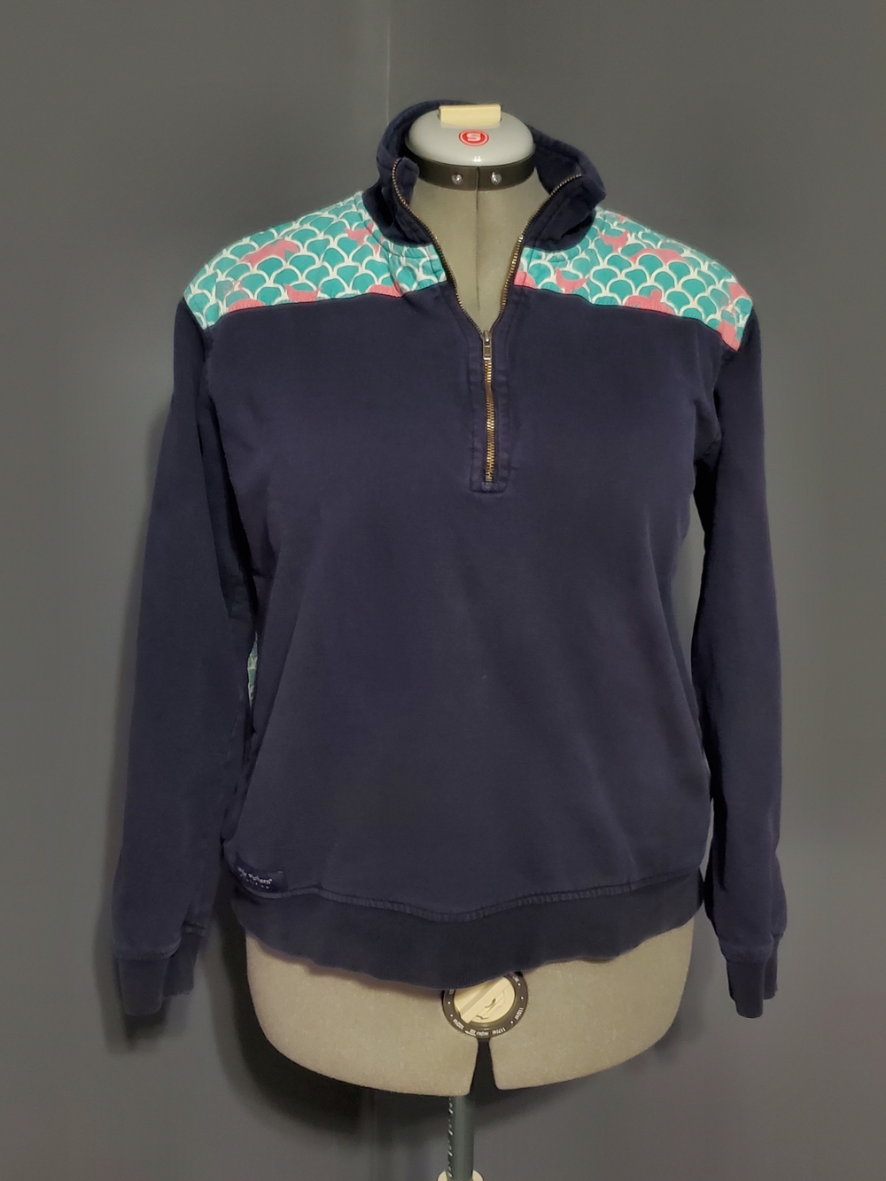 Simply Southern Navy Quarter-Zip Sweatshirt with Teal & Pink Yoke Women's Size L